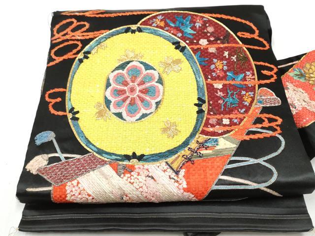 平和屋着物●アンティーク 大正ロマン 九寸名古屋帯 駒刺繍 鼓花文 黒地 金銀糸 正絹 逸品 CAAZ4280hy