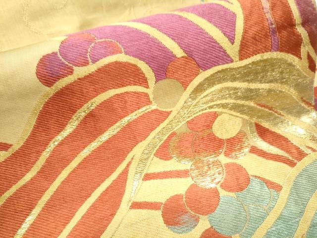 平和屋着物●アンティーク 大正ロマン 九寸名古屋帯 葡萄蔦の葉文 金糸 正絹 逸品 CAAZ4282hy