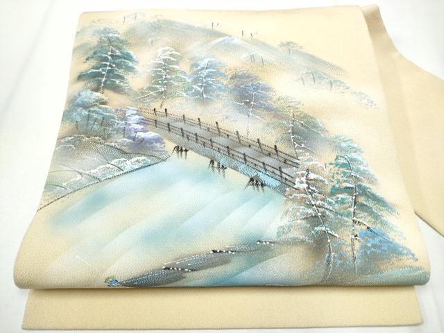 平和屋着物●九寸名古屋帯 手描き 渡橋樹林文 金彩 鬼しぼ縮緬 正絹 逸品 CAAZ4294hy
