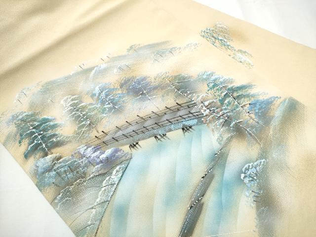平和屋着物●九寸名古屋帯 手描き 渡橋樹林文 金彩 鬼しぼ縮緬 正絹 逸品 CAAZ4294hy