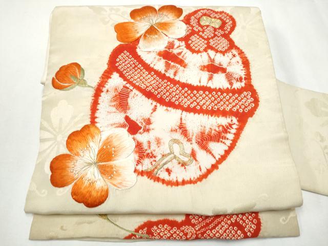平和屋着物●アンティーク 大正ロマン 九寸名古屋帯 絞り 駒刺繍 鈴 花文 金糸 正絹 逸品 CAAZ4298hy
