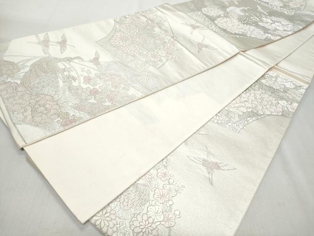 平和屋着物◎六通柄袋帯 地紙重ね孔雀飛鶴花文 銀糸 正絹 逸品 CAAZ4654fb