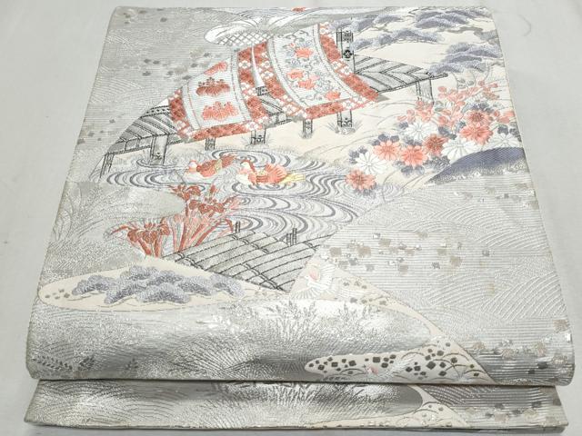 平和屋着物◎六通柄袋帯 唐織 風景文 銀糸 正絹 逸品 CAAZ4791fb