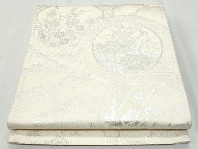 平和屋着物◎六通柄袋帯 絵皿草花文 銀糸 正絹 逸品 CAAZ4920fb