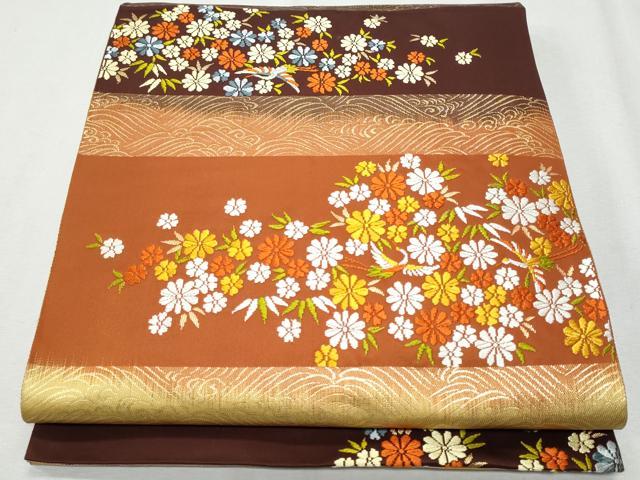 平和屋着物◎六通柄袋帯 唐織 横段立波飛鶴花文 金糸 正絹 逸品 CAAZ4964fb