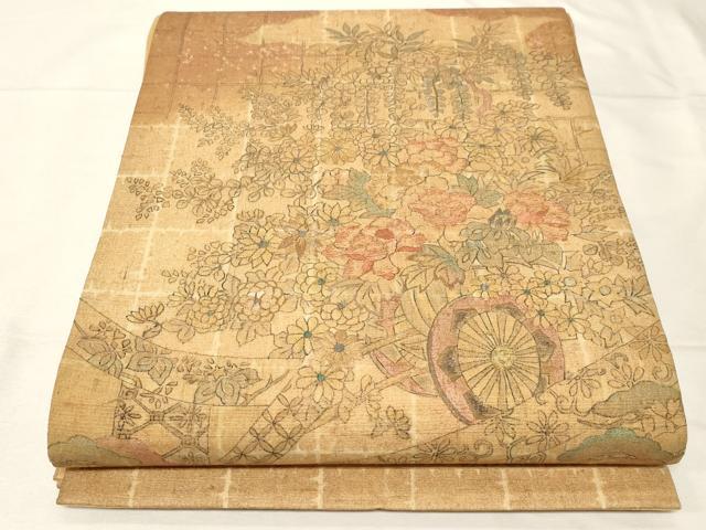 平和屋着物▼太鼓柄袋帯 手描き 紬地 花車文 金彩 正絹 逸品 未使用 CAAZ6777dy