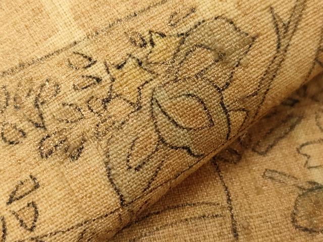 平和屋着物▼太鼓柄袋帯 手描き 紬地 花車文 金彩 正絹 逸品 未使用 CAAZ6777dy