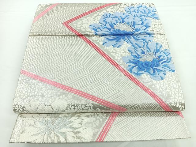 平和屋着物◎六通柄袋帯 牡丹文 銀糸 正絹 逸品 CAAZ7268nb