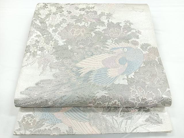 平和屋着物◎六通柄袋帯 春景牡丹孔雀図 プラチナ箔 正絹 逸品 CAAZ7272nb