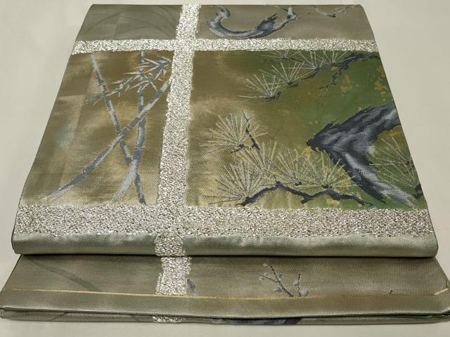 平和屋着物◎六通柄袋帯 格子枝松文 銀糸 引箔 正絹 逸品 CAAZ7738in