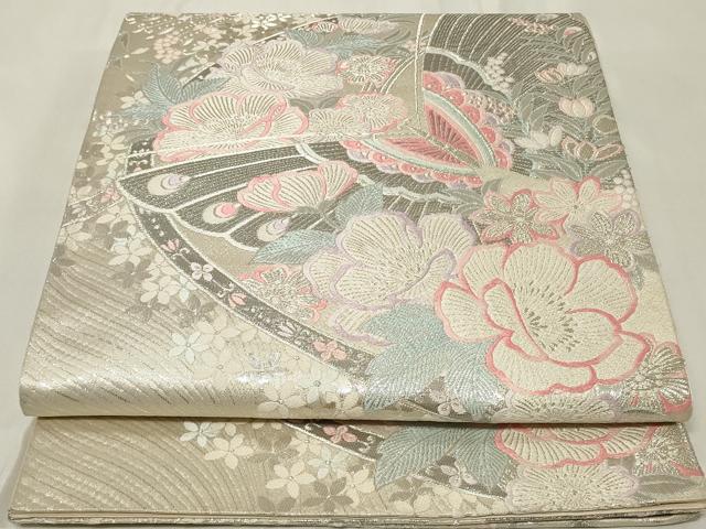 平和屋着物◎六通柄袋帯 唐織 正倉院花蝶文 銀糸 正絹 逸品 CAAZ7775in