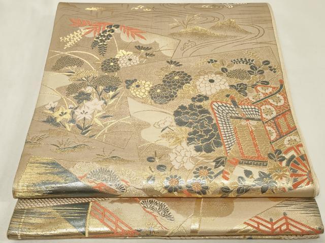 平和屋着物◎六通柄袋帯 色紙御所車花文 金糸 正絹 逸品 CAAZ7851in