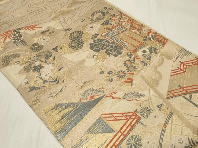 平和屋着物◎六通柄袋帯 色紙御所車花文 金糸 正絹 逸品 CAAZ7851in