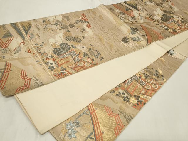 平和屋着物◎六通柄袋帯 色紙御所車花文 金糸 正絹 逸品 CAAZ7851in
