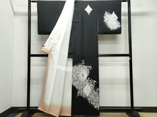 平和屋着物●訪問着 吉祥花文 たたき染め 黒地 金彩 正絹 逸品 CAAZ8114vf