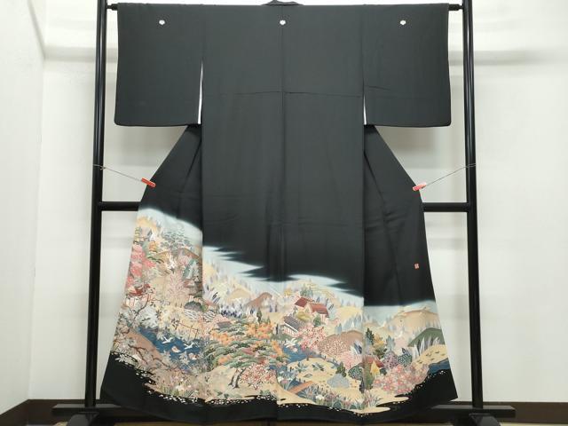 平和屋着物●豪華黒留袖 友禅 作家物 風景鴛鴦草花文 正絹 逸品 CAAZ8126vf