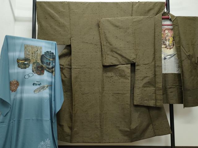 平和屋着物●男性 髭紬 アンサンブル・長襦袢セット 涅色 正絹 逸品 CAAZ8139vf