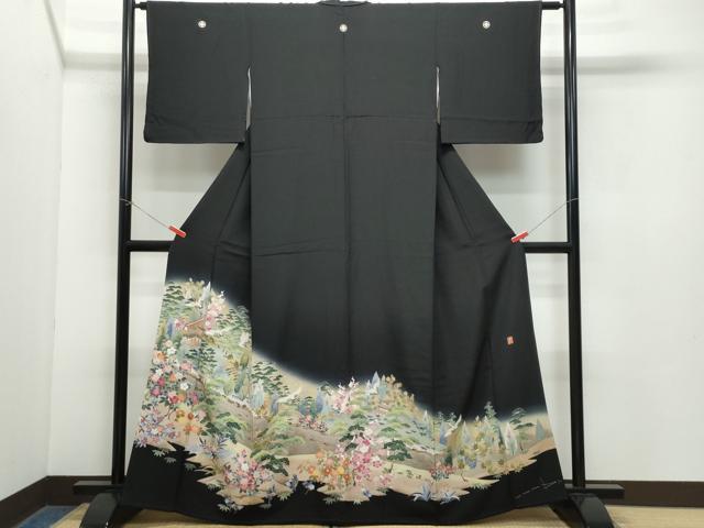 平和屋着物●豪華黒留袖 友禅 作家物 飛鶴風景草花文 正絹 逸品 CAAZ8153vf