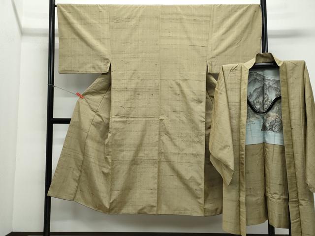 平和屋着物●男性 紬 アンサンブル 空五倍子色 正絹 逸品 CAAZ8283vf