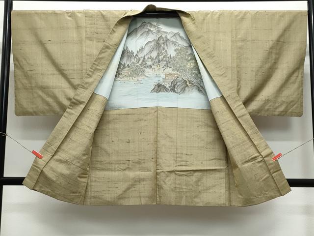 平和屋着物●男性 紬 アンサンブル 空五倍子色 正絹 逸品 CAAZ8283vf