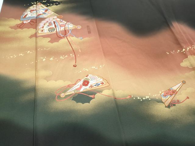 平和屋着物▼豪華黒留袖 総刺繍 扇面飛鶴花文 暈し染め 金彩 正絹 逸品 CAAZ8842th