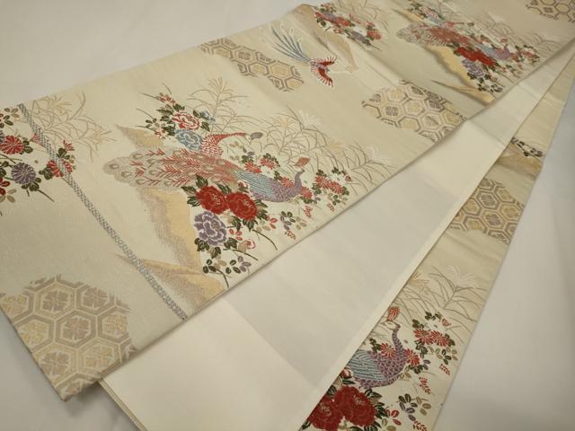 平和屋着物◎六通柄袋帯 唐織 孔雀花文 金糸 正絹 逸品 CABA0011oy
