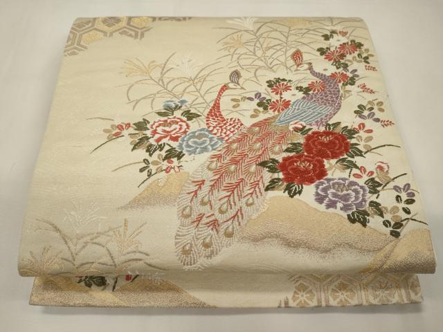 平和屋着物◎六通柄袋帯 唐織 孔雀花文 金糸 正絹 逸品 CABA0011oy