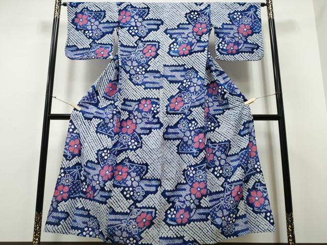 平和屋着物∴夏物 浴衣 有松鳴海絞り エ霞扇面花文 綿 逸品 CABA0668ng