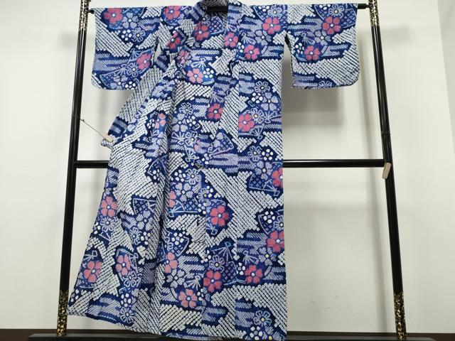 平和屋着物∴夏物 浴衣 有松鳴海絞り エ霞扇面花文 綿 逸品 CABA0668ng