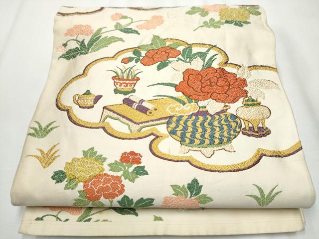 平和屋着物●六通柄袋帯 唐織 雲取陶器花文 金糸 正絹 逸品 CABA0829hy