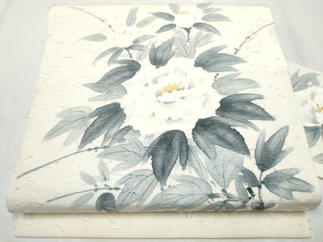 平和屋着物●九寸名古屋帯 作家物 手描き 髭紬 枝牡丹 金彩 正絹 逸品 CABA0846hy
