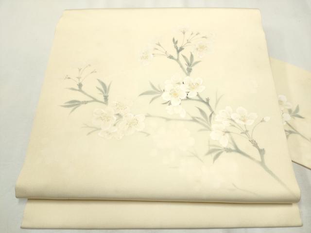 平和屋着物○塩瀬 九寸名古屋帯 手描き 枝梅文 正絹 逸品 CABA0904hy