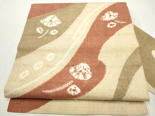 平和屋着物●九寸名古屋帯 生紬 絞り 枝花文 正絹 逸品 CABA0908hy
