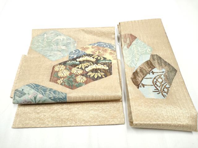 平和屋着物▽スリーシーズン 春夏秋 つけ帯 すくい織 飛鶴草花文 金銀糸 正絹 逸品 CABA0949hy