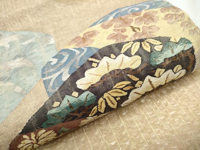 平和屋着物▽スリーシーズン 春夏秋 つけ帯 すくい織 飛鶴草花文 金銀糸 正絹 逸品 CABA0949hy
