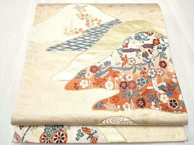 平和屋着物▼六通柄袋帯 唐織 遠山花鳥文 金銀糸 正絹 逸品 CABA1033hy