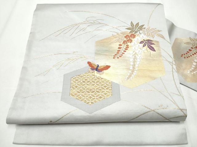 平和屋着物●九寸名古屋帯 唐織 亀甲花蝶文 金糸 正絹 逸品 CABA1054hy