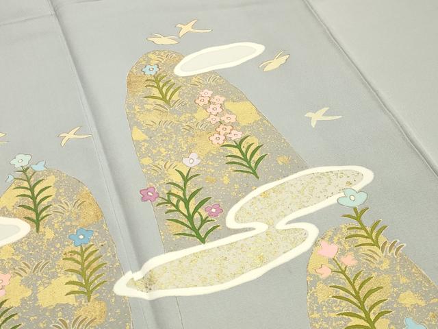平和屋着物●京友禅作家 米沢新之助 訪問着 駒刺繍 飛鳥花文 金彩 正絹 逸品 CABA1337gh