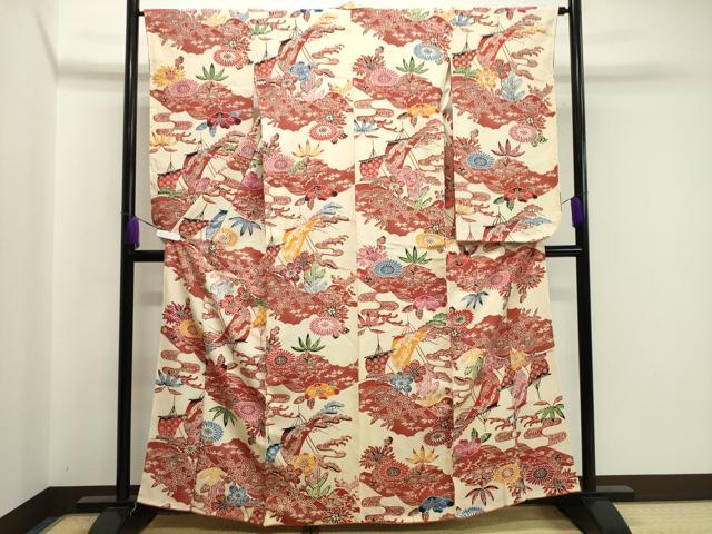 平和屋着物●小振袖 二尺袖 型染め 鶴松竹梅文 正絹 逸品 CABA1524gh