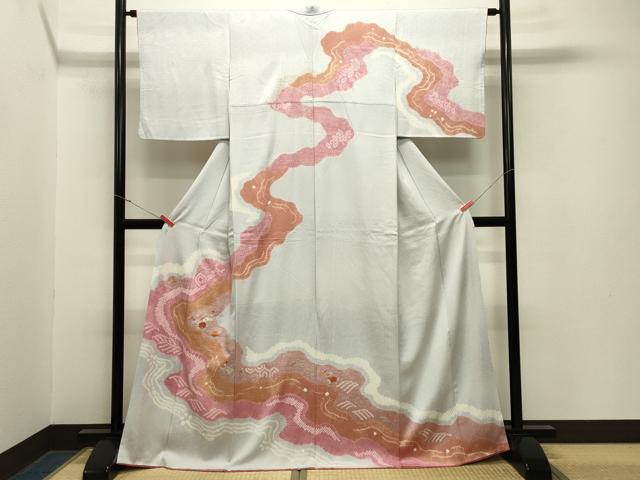 平和屋着物●訪問着 絞り 刺繍 流水草花文 金彩 正絹 逸品 CABA1599gh