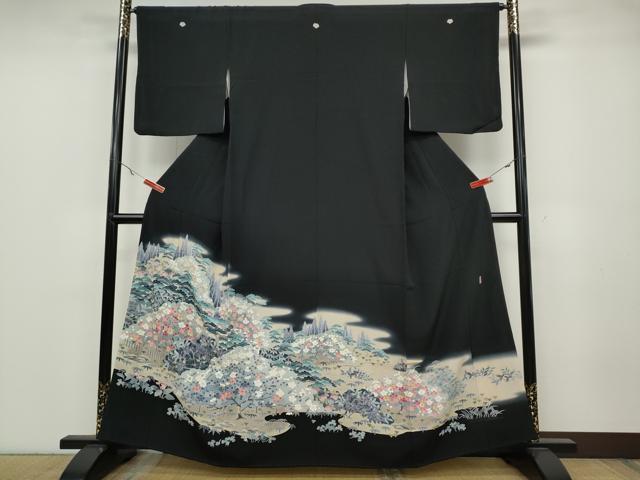 平和屋着物●十日町友禅作家 岡村蒼風 黒留袖 草花文 正絹 逸品 CABA1773ut