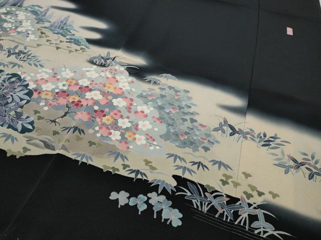 平和屋着物●十日町友禅作家 岡村蒼風 黒留袖 草花文 正絹 逸品 CABA1773ut
