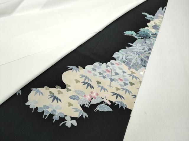 平和屋着物●十日町友禅作家 岡村蒼風 黒留袖 草花文 正絹 逸品 CABA1773ut