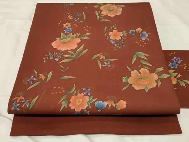 平和屋着物●塩瀬 九寸名古屋帯 草花文 金彩 正絹 逸品 CABA2181dy