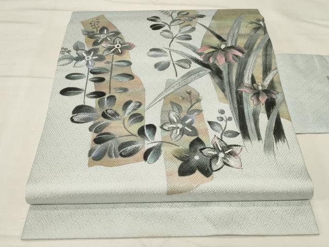 平和屋着物●九寸名古屋帯 手描き 草花文 正絹 逸品 CABA2189dy