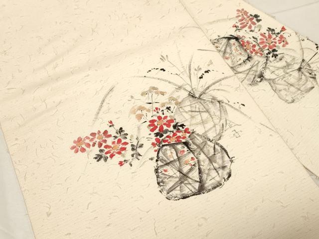 平和屋着物●九寸名古屋帯 作家物 手描き 髭紬 陶器花文 正絹 逸品 CABA2222dy