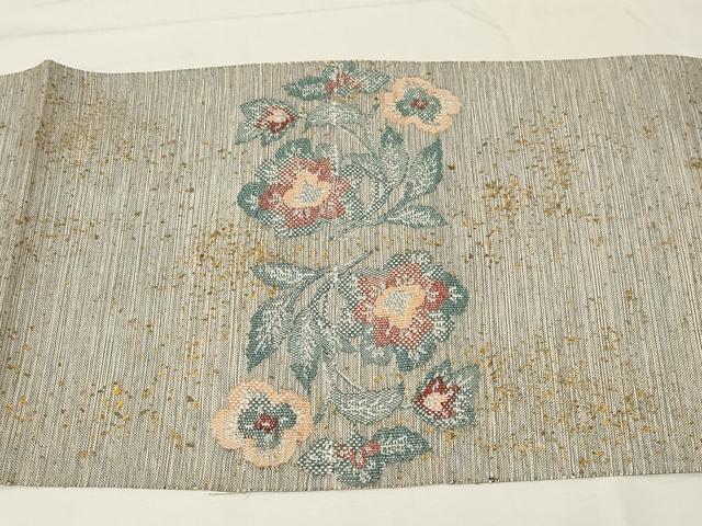 平和屋着物●八寸名古屋帯 紬地 草花文 金彩 正絹 逸品 CABA2249dy