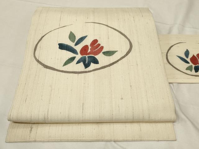 平和屋着物▽スリーシーズン 九寸名古屋帯 生紬 型染め 草花丸文 正絹 逸品 CABA2377dy