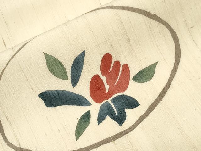 平和屋着物▽スリーシーズン 九寸名古屋帯 生紬 型染め 草花丸文 正絹 逸品 CABA2377dy