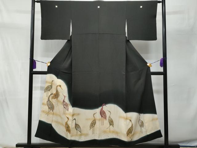 平和屋着物■豪華黒留袖 駒刺繍 群鶴 暈し染め 金銀彩 正絹 逸品 CABA2563fb
